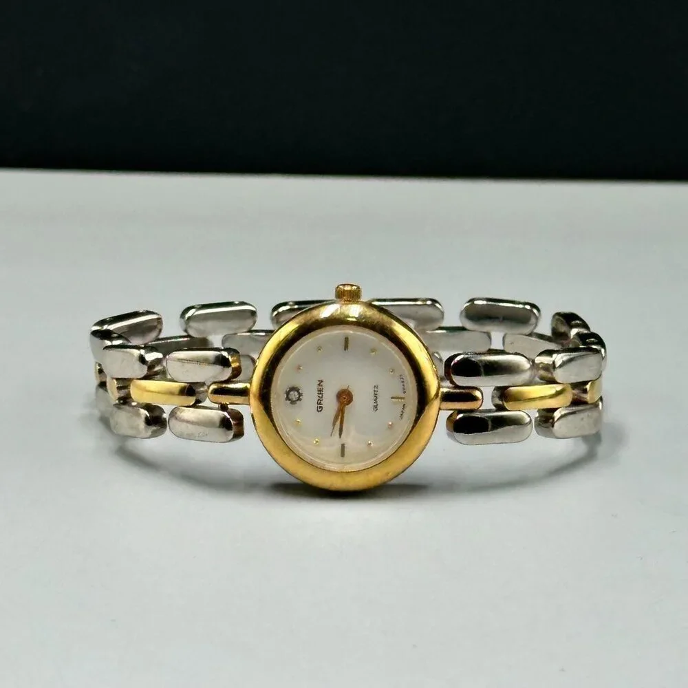 Gruen Watch Women Silver Gold Two Tone 20MM Round Dial New Battery 6.25